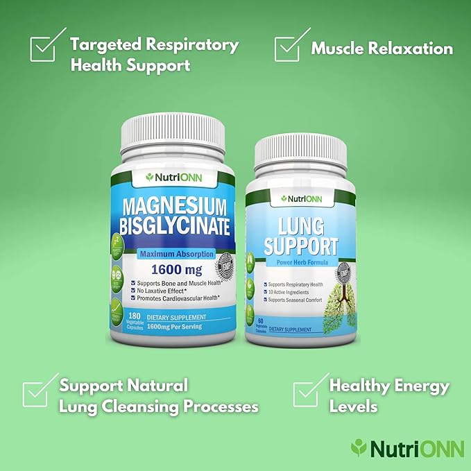 Magnesium Glycinate Capsules &amp Lung Support Capsules Combo - Targeted Respiratory Health Support