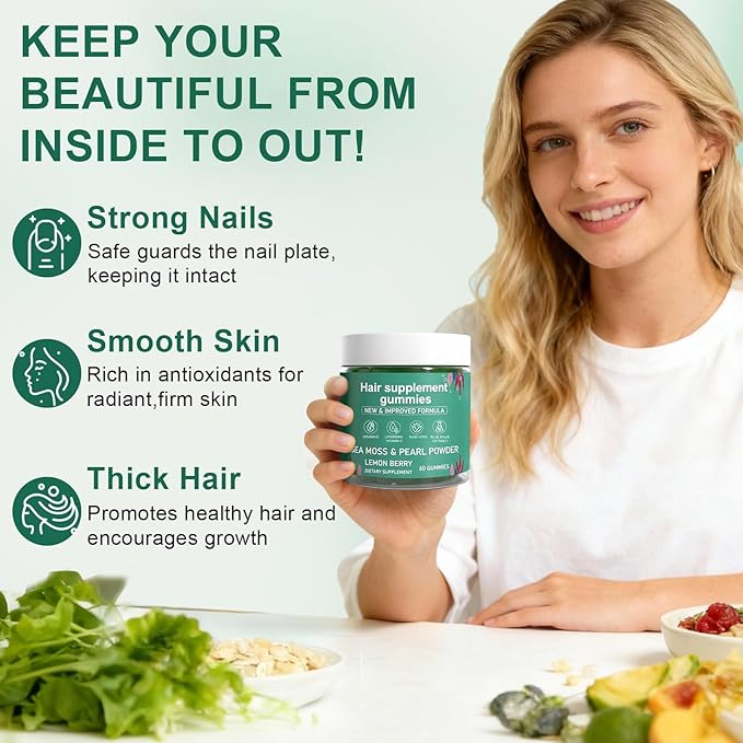 Hair Loss GummiesSea Moss Gummies with Vitamin C Vitamin E Aloe Vera Pearl Powder Support Faster Hair GrowthEnhance Nail ElasticityPromot Radiant SkinGluten-Free - 60 Count