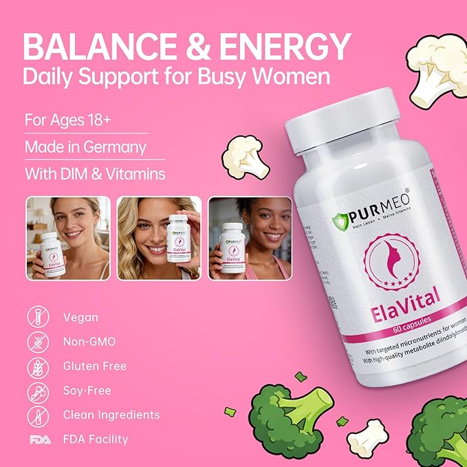 ElaVital Support Estrogen Dominance: Hormonal Imbalance PMS Breast Tenderness Mood Swings - DIM &amp Multivitamins Supplement for Women - Vegan Made in Germany 60ct