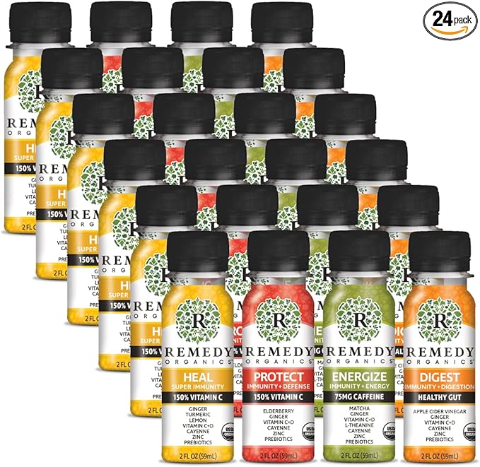 Remedy Organics Immunity Plus Shot Variety 24-Pack | Boost Energy Brain Function Detoxification and Metabolism | Certified-Organic Ingredients