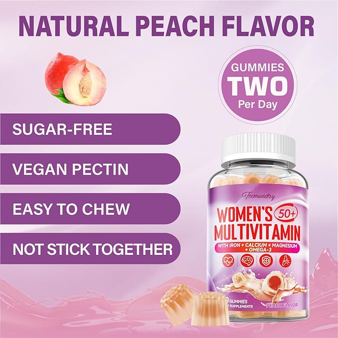 Multivitamin Gummies for Women 50 Plus - with Omega 3 Coenzyme Q10 Iron Calcium Zinc Vitamin A C D3 E K2 B Complex Folate - Multi Vitamins &amp Minerals for Energy Beauty Immune Sugar F