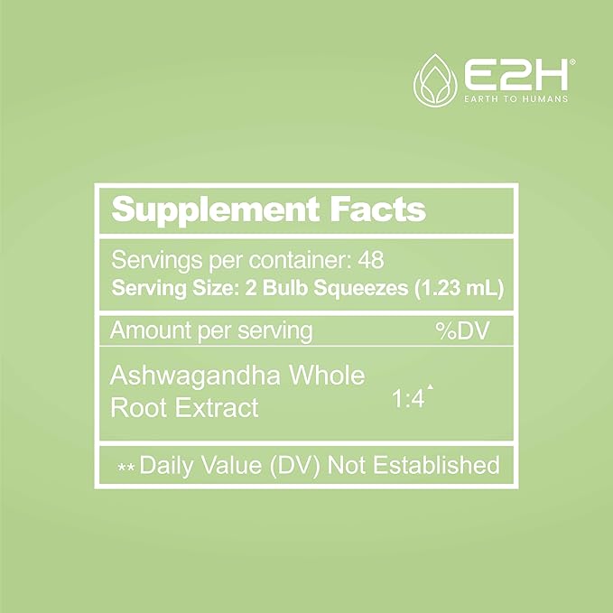 E2H Ashwagandha Liquid Drops - All-Natural Ashwagandha Supplement for Stress Relief and Mood Enhancer- Organic Ashwagandha Root Extract Effective Cortisol Manager | Non-GMO Vegan | 2 Fl Oz