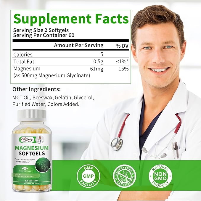 Magnesium Glycinate 500mg Softgels Supplement Small Easy to Swallow Magnesium Gelcaps High Absorption for Night Leg&ampSleep Support Muscle&ampBone Calm Non GMO 120 Gelcaps 60 Day Supply