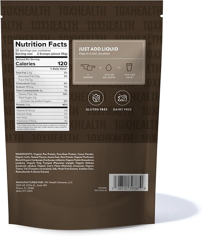 10X Health Vegan Protein Powder - 20g per Serving Plant Based Protein Powder for Muscle Support Strength &amp Nutrition - Dairy-Free &amp Gluten-Free - Chocolate 2.3 lbs 30 Servings