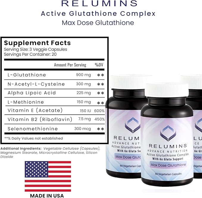 Relumins Advance White Active Glutathione Complex - Max Dose 900mg Glutathione with 6X Boosters ALA &amp NAC - Spring Glow Essentials Anti-Aging Skin Brightening Supplement - 60 Caps x 3 Bottles