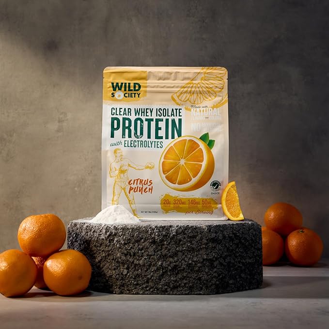 WILD SOCIETY - Clear Protein Powder + Electrolytes - 20g Clear Whey Protein Isolate Drink - Zero Sugar - 0g Lactose - Natural Flavors &amp Colors - Muscle Post Workout Recovery - Citrus Punch 16 oz