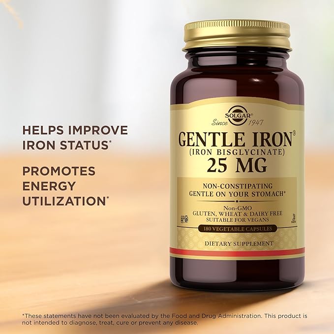 Solgar - Gentle Iron 25 mg Vegetable Capsules 180 Count 2 Pack Easy on Stomach Promote Red Blood Cell Production.