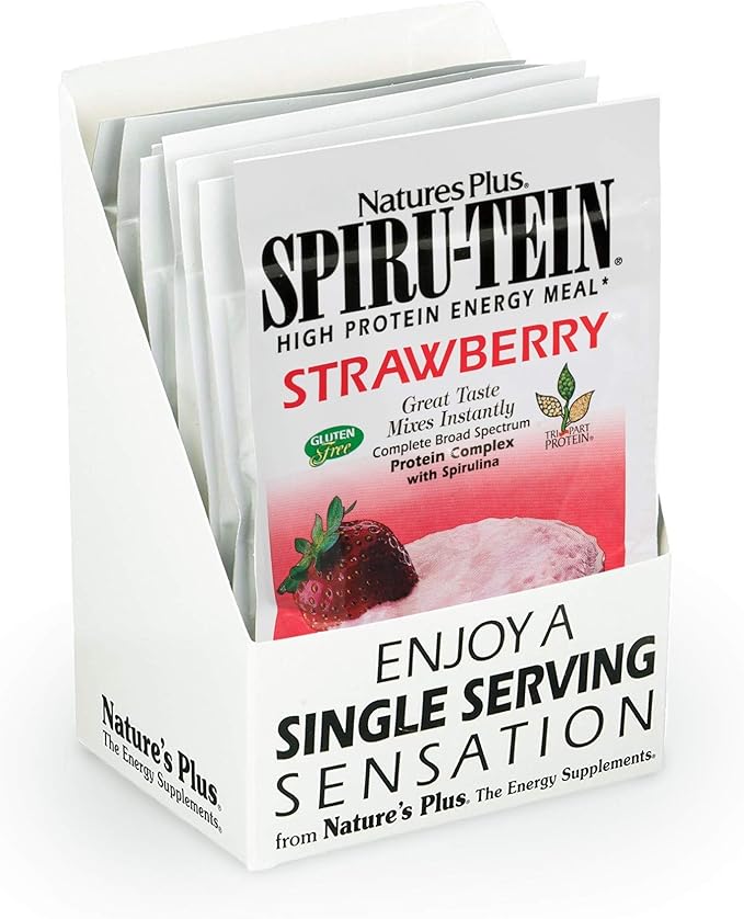 NaturesPlus SPIRU-TEIN Protein Powder Meal - Strawberry - 8 Packets - Plant-Based Protein Shake - Non-GMO Vegetarian Gluten Free - 8 Servings