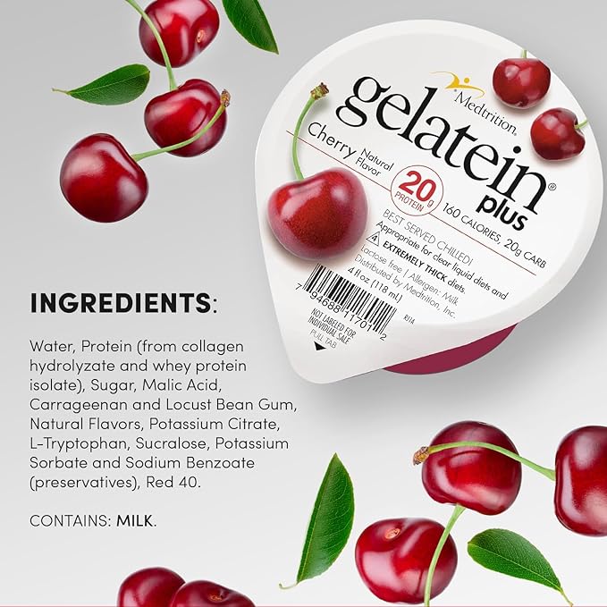 Gelatein Plus Cherry: 20 grams of protein. Ideal for clear liquid diets swallowing difficulties dialysis and oncology. Great pre or post-workout snack. (12 pack)