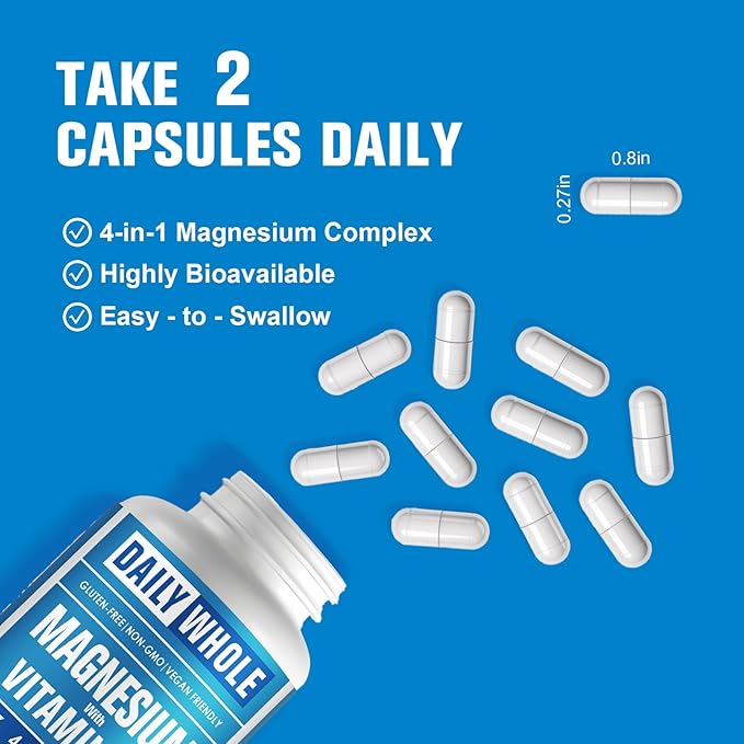 Magnesium Glycinate 4-in-1 Complex 976mg of Magnesium Glycinate Citrate Malate L-Threonate &amp Vitamin B6 Supplement for Health | Third Party Tested - 90 Capsules
