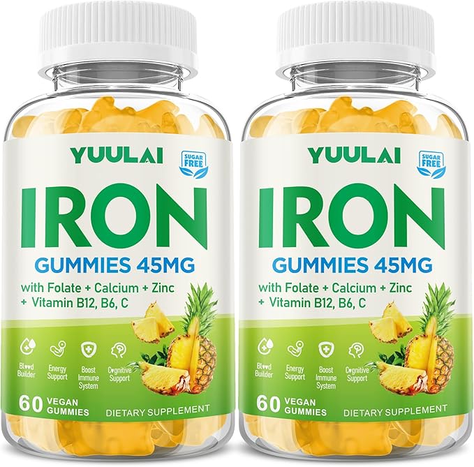 Pack of 2 Iron Gummies for Women &amp Men Iron Supplement Plus Calcium Zinc Folate &amp Vitamin B12 C B6 - Energy Support Immune Health Pineapple Flavor 120 Count