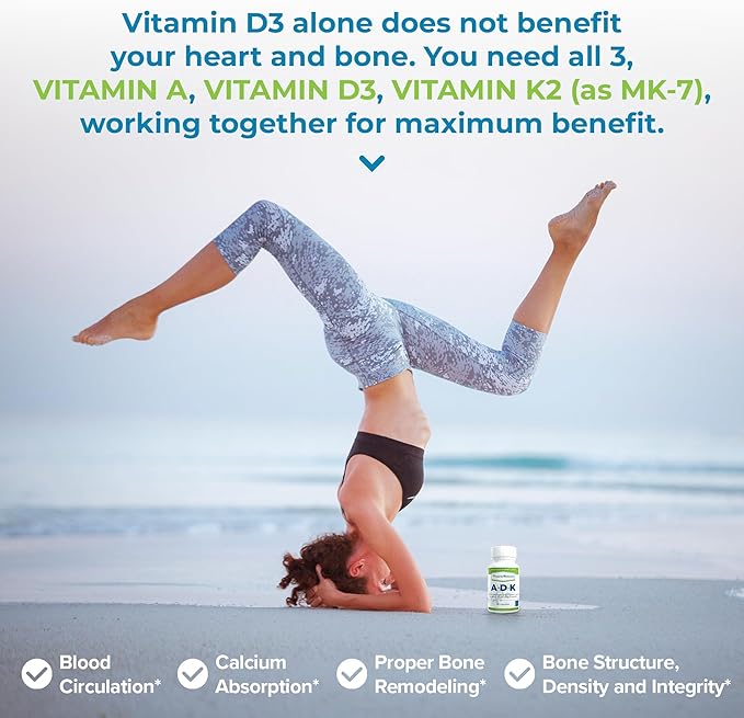 Power By Naturals ADK Vitamin Supplement – High Potency Blend of Vitamin A D3 5000 IU &amp K2 MK7 for Bone Health – Vitamin A D K Supplement – 60 Capsules (2 Month Supply)
