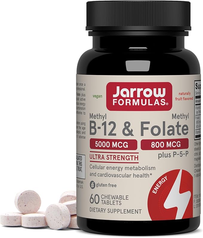 Jarrow Formulas Methyl B-12 &amp Methyl Folate Bioactive Vitamin B9 and Vitamin B12 Supplement Supports Cellular Energy Production Healthy Brain Function &amp Metabolism 60 Chewable Tablets 60