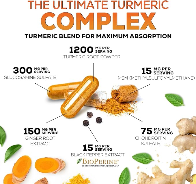 Turmeric Curcumin Supplement - 95% Curcuminoids with Glucosamine Ginger &amp MSM BioPerine Black Pepper Extract for Best Absorption Natural Vegan Joint Support Non-GMO Bottled in USA - 240 Capsu