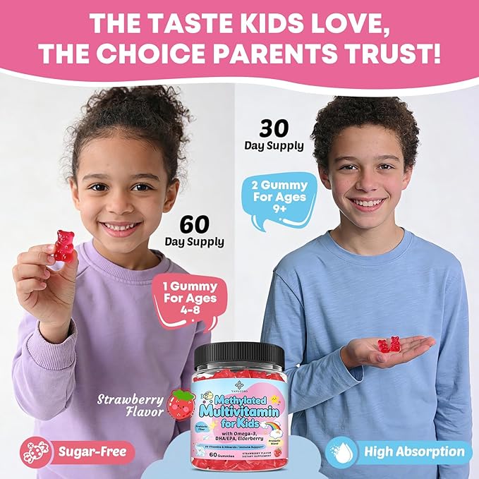 Kids Multivitamin Gummies with Omega-3 (Dha+Epa) Methylated B12 &amp Folate B6 B2 &amp Elderberry Vitamin D3 C A E Zinc Postbiotics Choline | for Brain Eye &amp Immune Clean Sugar Free