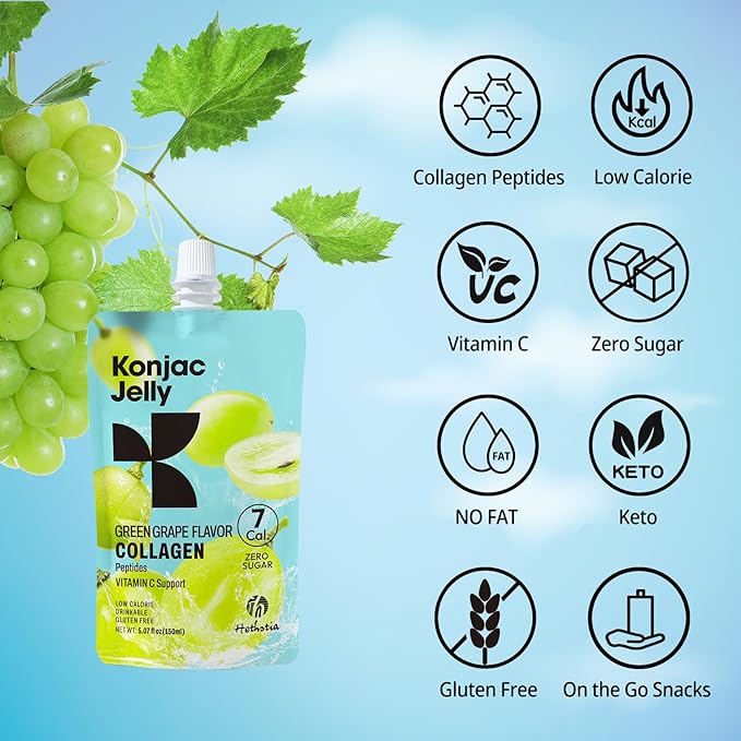 Hethstia Konjac Jelly Green Grape Flavor with Collagen Peptides 10 Packs and Konjac Fettuccine Gluten Free 12 Packs Low Calorie Keto Sugar Free Healthy Food