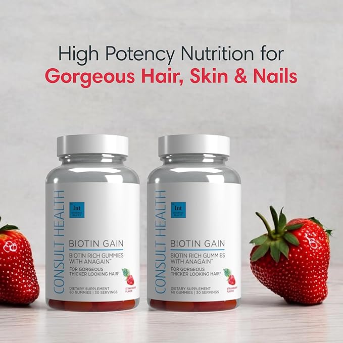 Consult Health BIOTIN GAIN Gummies with ANAGAIN - Reduce Hair Loss - Clinically Tested - 10000 mcg Biotin Vitamin B7 to Support Healthy Hair Growth Skin and Nails for Women and Men - 60 Count