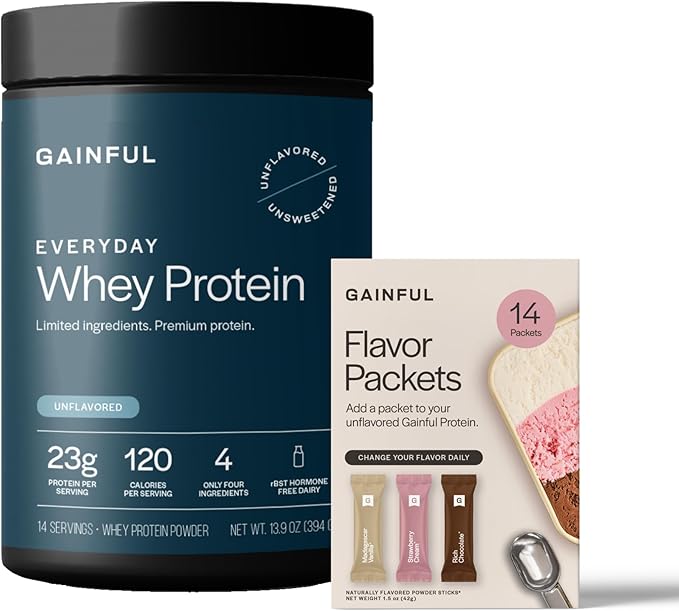 Gainful Everyday Whey Protein Powder &amp Neapolitan Flavor Bundle 23g Protein Supports Muscle Growth Recovery &amp Daily Nutrition No Artificial Ingredients 14 Servings + 14 Flavor Sticks
