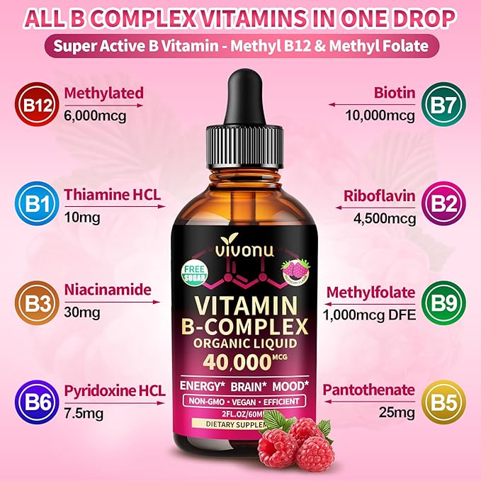 VivoNu Vitamin B Complex Liquid Drops Methylated Vitamin B12 6000 mcg B1 B6 B3 B5 B2 Folate Biotin Magnesium Zinc CoQ10 for Metabolism* &amp Energy Support Raspberry Flavor - 2 Bottle
