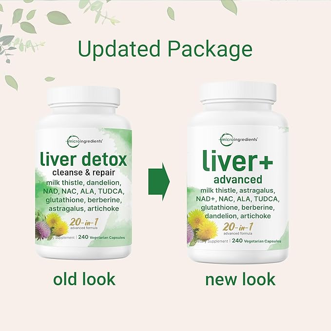 Liver Advanced+ 240 Veggie Capsules | 20-in-1 Complex with Milk Thistle Dandelion NAD NAC ALA TUDCA Glutathione Artichoke Turmeric &amp Astragalus | Non-GMO Gluten Free