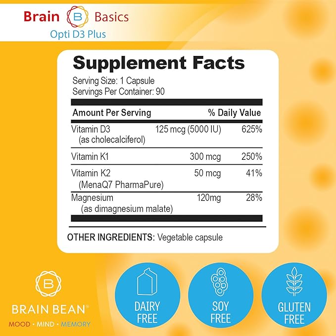 Brain Basic Opti D3 Plus - Vitamin D3 5000 IU with K1 K2 and Magnesium - Brain Support Supplement for Mood Mind Memory - Bone Muscle and Immune Health - Gluten Free Soy Free and Dairy Free