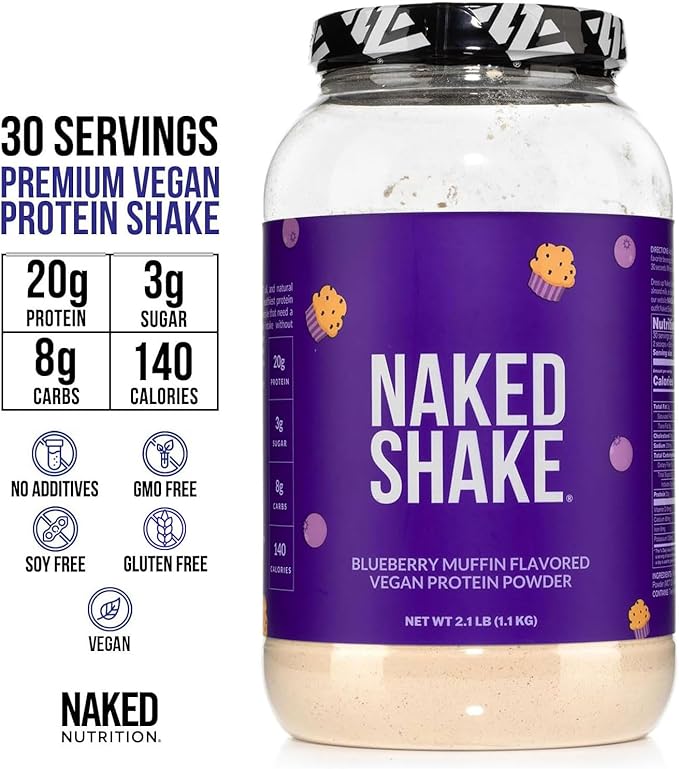 Naked Shake - Blueberry Muffin Protein Powder - Flavored Plant Based Protein from US &amp Canadian Farms with MCT Oil NSF Certified Gluten-Free Soy-Free No GMOs or Artificial Sweeteners - 30 Serv
