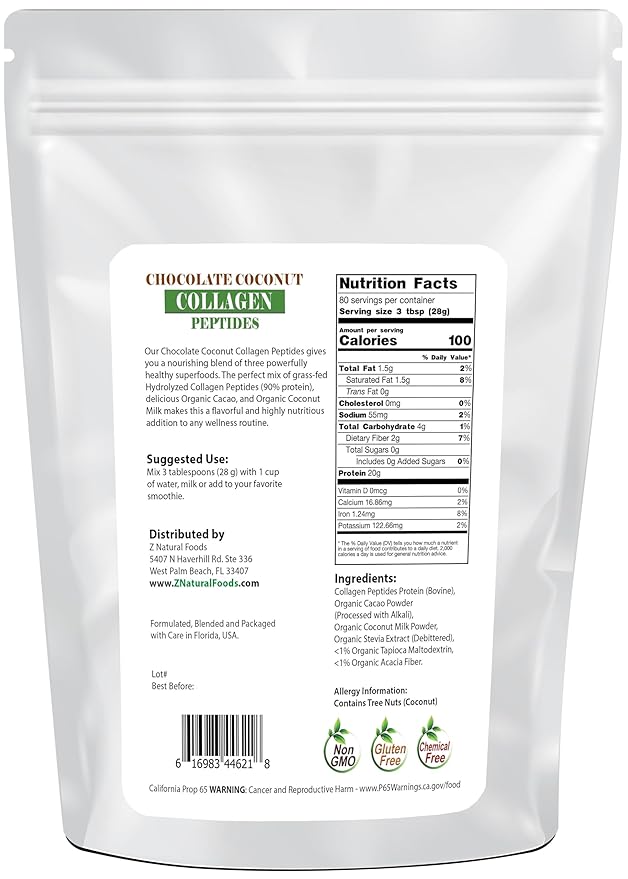 Chocolate Collagen Peptides Made With Coconut Milk Powder - 5 lb - Delicious Taste + Zero Sugar - Hydrolyzed Collagen + Organic Cacao + Coconut Milk Powder - Gluten Free &amp Non GMO