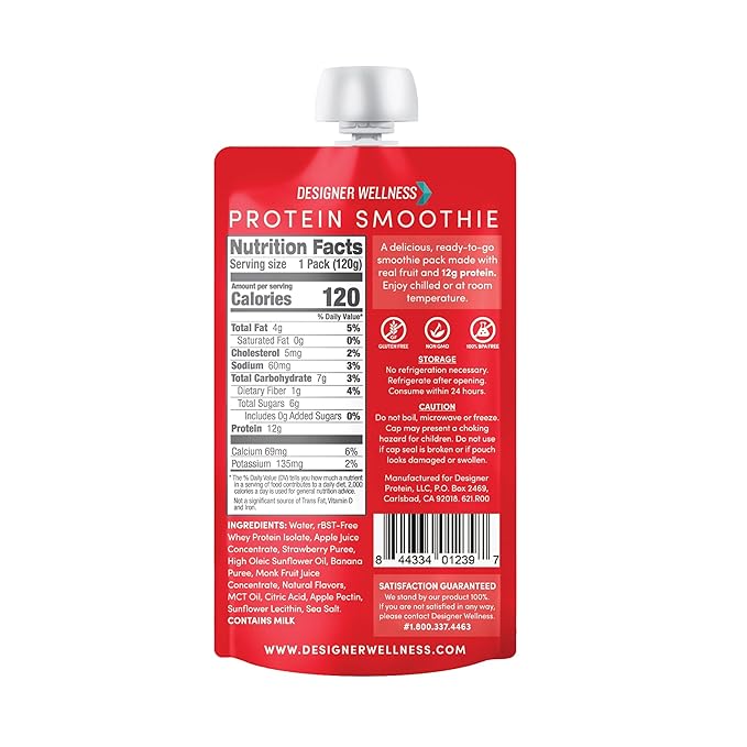 Designer Wellness Protein Smoothie Real Fruit 12g Protein Low Carb Zero Added Sugar Gluten-Free Non-GMO No Artificial Colors or Flavors Strawberry Banana 24 Count