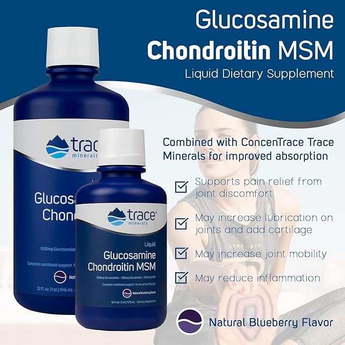 Trace Minerals Liquid Glucosamine Chondroitin MSM | Complete Dietary Supplement for Active Lifestyle | Supports Joints Cartilage &amp Mobility | Natural Blueberry Flavor | 32 Servings 32 fl oz