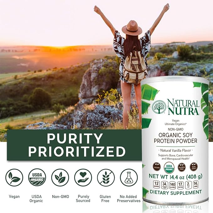 Natural Nutra Organic Vegan Plant Based Soy Protein Source Powder Support Midlife Transition Supports Bone and Improves Cardiovascular Health Gluten Free Non GMO Sugar-Free 14.4 OZ.