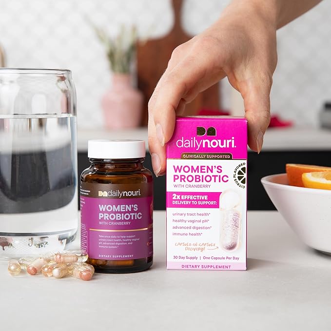 Daily Nouri Probiotics for Women | Vaginal Health + Urinary Tract Support | Vaginal pH &amp Microbiome Balance | 5 Clinically Studied Strains + Cranberry &amp Omega | 30-Day Supply