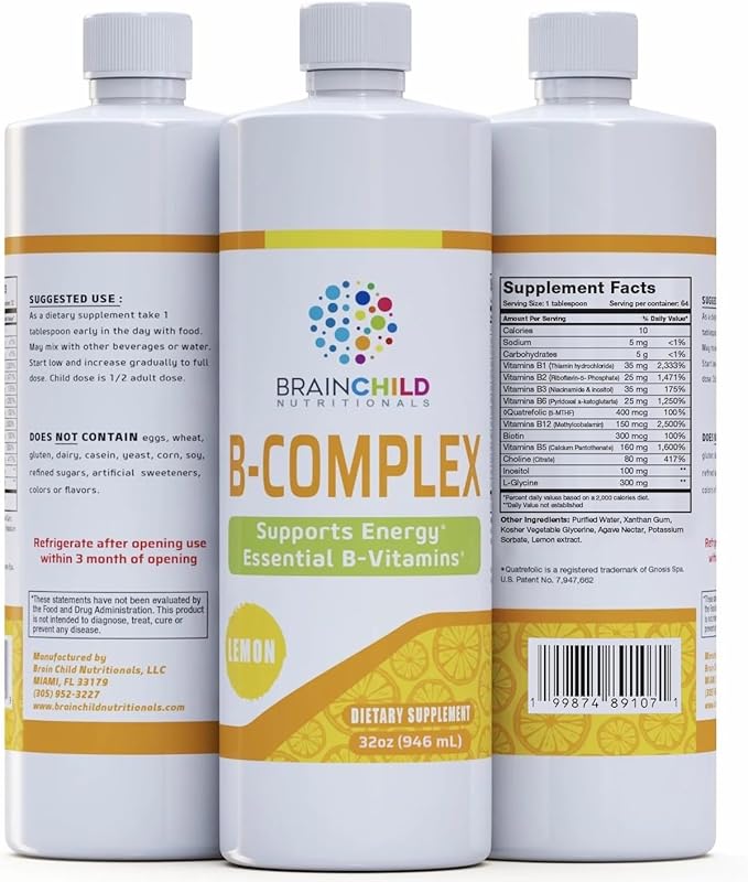 BrainChild B-Complex Liquid - High-Potency Methylated B Vitamins for Energy Stress &amp Mood Non-GMO Vegan Gluten-Free Lemon - 32oz