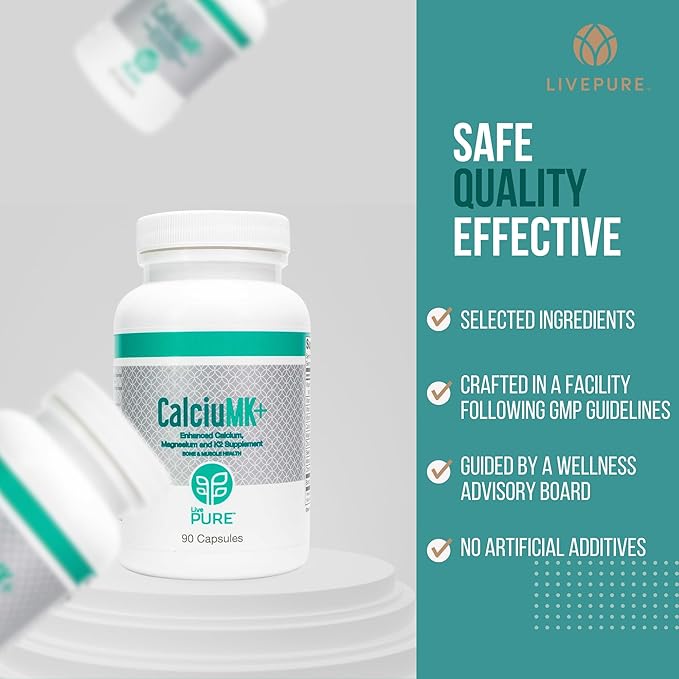 PURE LivePURE CalciuMK+ Capsules | 90ct | Supports Bone Health Collagen Formation &amp Joint Mobility | Non-Dairy Lactose-Free Calcium Supplement for Skeletal Support