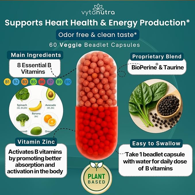 Plus B 11-in-1 Beadlet Capsule – Complete B-Complex with B1 B2 B3 B5 B6 B7 B9 B12 – Timed Release for Energy Vitality Brain Heart Immune Mood &amp Overall Wellness