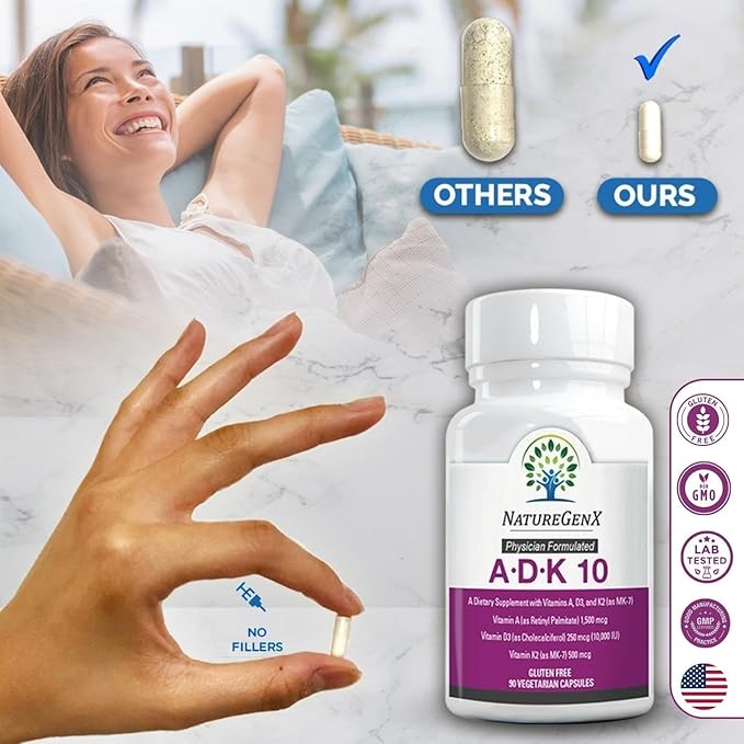 ADK10 – ADK Vitamin Supplement | High Potency Vitamins A D3 (10000 IU) &amp K2 MK-7 for Bone Heart &amp Immune Health | 90 Tiny Capsules | 3 Month Supply | Non-GMO Gluten Free