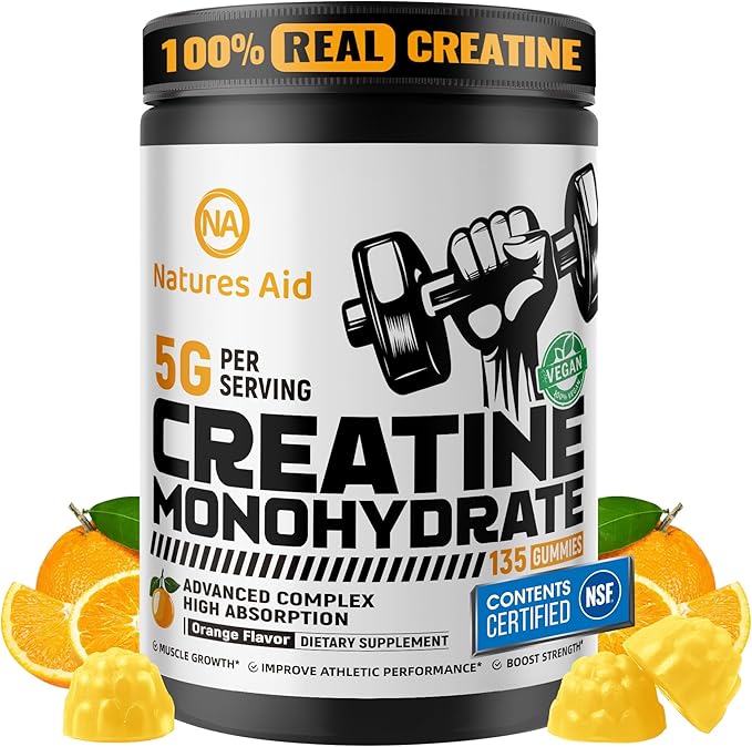 Natures Aid NSF Certified Creatine Gummy 5g - Creatine Monohydrate Gummies – Pre-Workout Energy &amp Muscle Growth Support for Men &amp Women | Orange Electrolyte Gummies (135 Count)