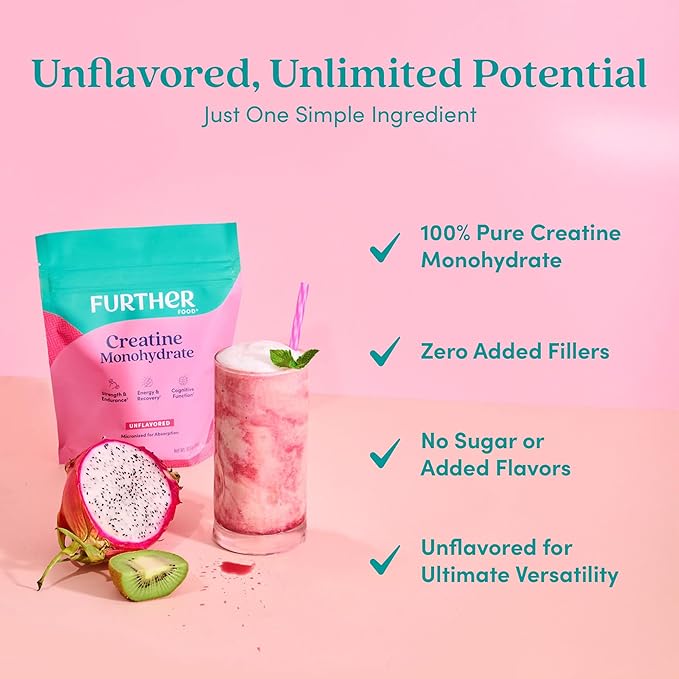 Further Food Unflavored Creatine Monohydrate Powder 100% Pure Micronized Sugar-Free Supports Strength Energy and Muscle Recovery 60 Servings 10.6 Oz