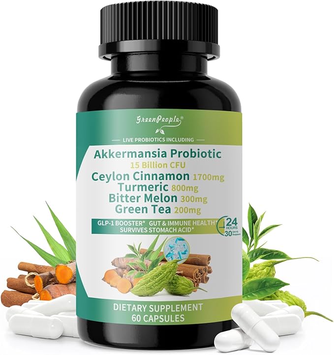GREENPEOPLE Akkermansia Probiotics 15B CFU for Gut Function 60CT Probiotics Supplement with Ceylon Cinnamon Turmeric | Digestive Health &amp Metabolic Support | Women &amp Man | Vegan &amp Gluten
