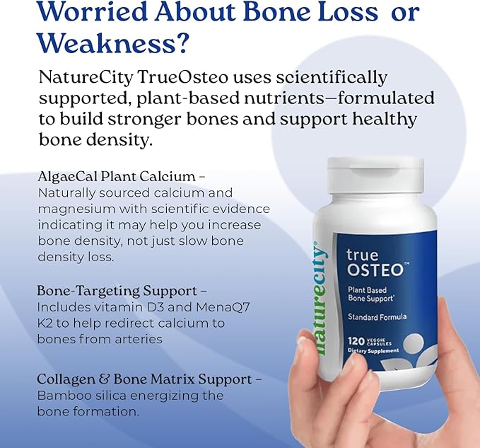 NatureCity True-Osteo Plant-Based Supplement for Bone Strength | AlgaeCal Calcium &amp Magnesium Plant-Based Vitamin D3 Vitamin K2 Silicon| Gentle on Stomach (120 Veggie Capsules) (Pack of 2)