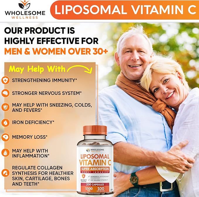 Wholesome Wellness Liposomal Vitamin C Capsules (200 Pills 1500mg Buffered) High Absorption Immune System &amp Collagen Booster High Dose Fat Soluble Immunity Support Ascorbic Acid Natural Vegan