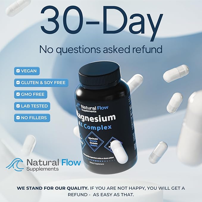 Natural Flow 4X Magnesium Supplement Magnesium Glycinate Taurate Malate Orotate Complex Calm Sleep and Cramp Support Blend No Mag Citrate or Oxide 120 Capsules