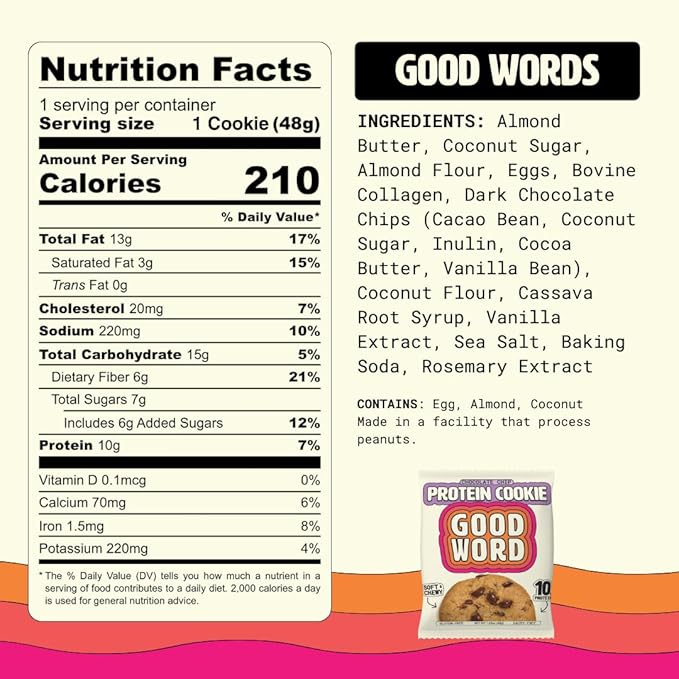 Chocolate Chip Protein Cookie Soft &amp Chewy High Protein Snack Gluten-Free Grain-Free Dairy-Free No Seed Oils No Refined Sugars Made with Almond Butter &amp Collagen 12-Pack