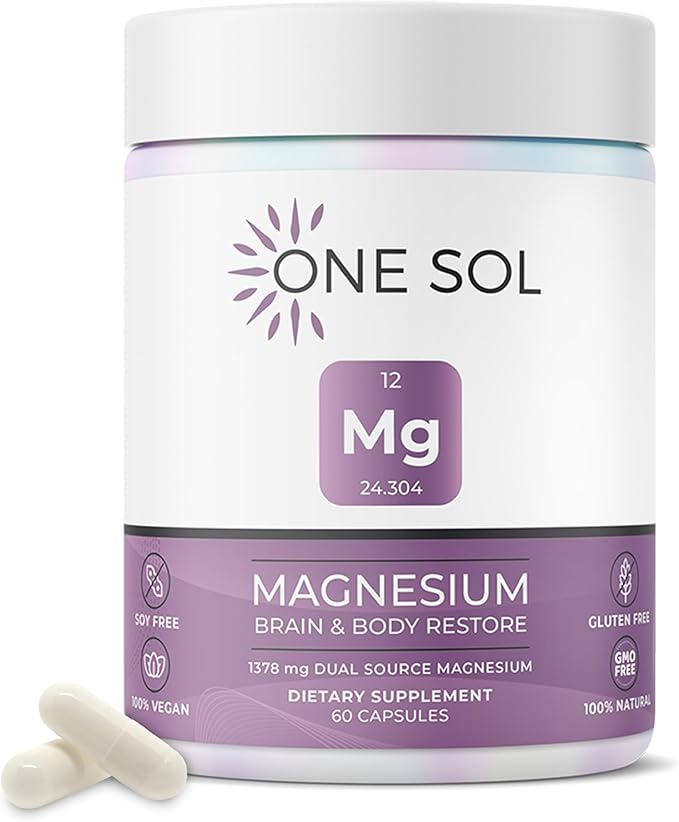 One Sol Magnesium 1378 mg Dual Source Magnesium Bisglycinate for Sleep Relaxation and Full Body Recovery High Absorption Vegan Non-GMO Gluten &amp Soy-Free Made in USA 60 Capsules