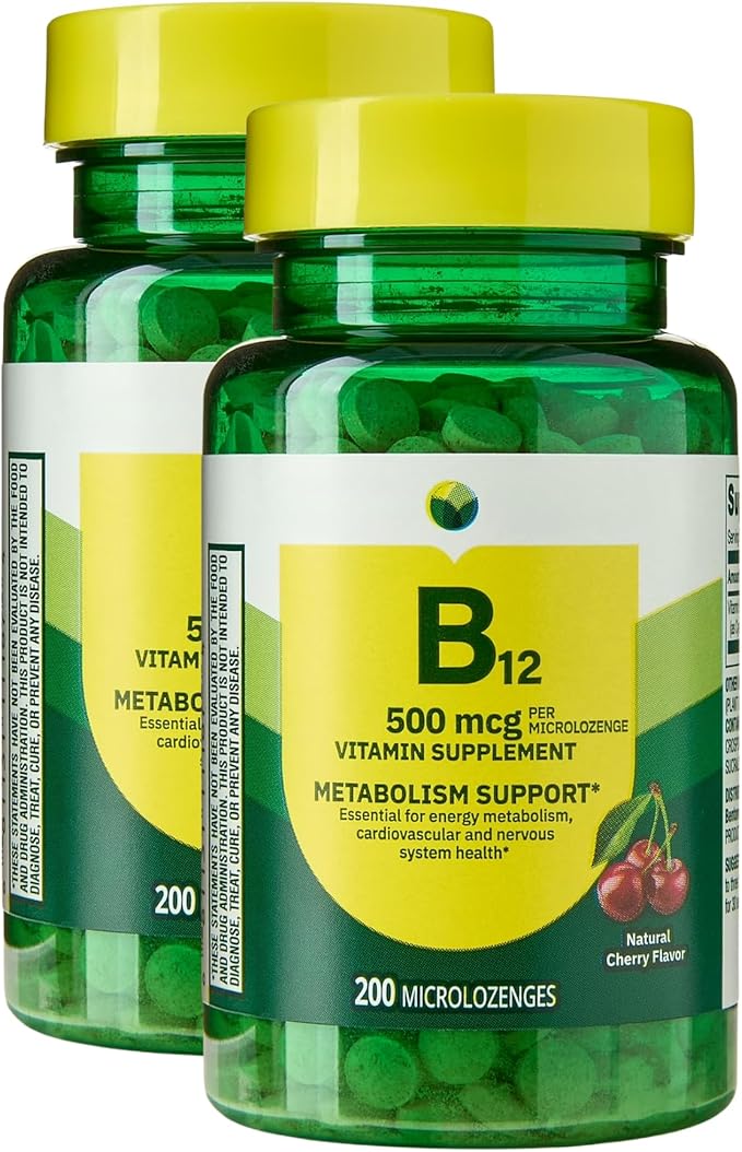 KP+ Spring Valley Vitamin B12 | B12 500 mcg Vitamin Supplement | Metabolism Support | Natural Cherry Flavor | 200 Microlozenges | Pack of 2