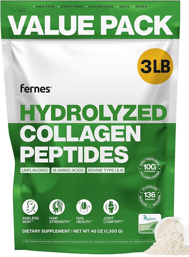 Hydrolyzed Collagen for Women Men (3LB) Type I &amp III Flavorless &amp Odorless Easy-Mix Powder Peptan Protein Peptides Joint Hair Skin &amp Nail Support Gluten-Free Non-GMO Keto Paleo Grass-Fed K