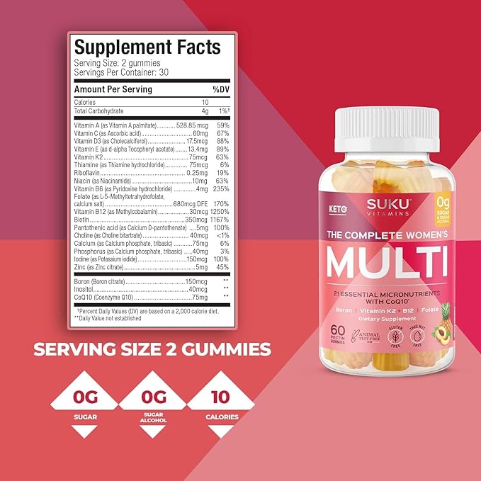 SUKU Vitamins - Complete Women's Multi - with Boron Vitamin K2 B12 A and More for Women Health - Easy to Chew - Non GMO Gluten Sugar Free - Pineapple &amp Peach Flavored Gummy Vitamins 60 Count