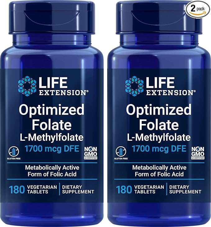 Life Extension Optimized Folate (L-Methylfolate) 1700 mcg DFE 180 Veg Tablets (Pack of 2)
