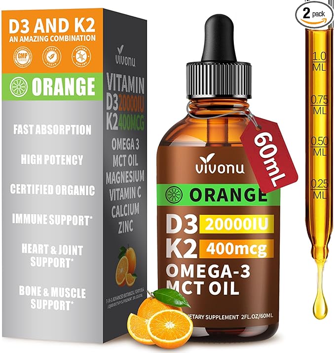 VivoNu Vitamin D3 K2 Drops D3 20000 IU &amp K2 as MK-7 400mcg with Magnesium Calcium