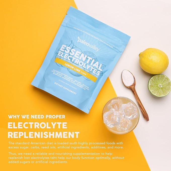 Paleovalley Essential Electrolytes Powder - Full Spectrum Lemon Lime Electrolyte Powder for Hydration Energy and Muscle Recovery - No Sugar Added - 30 Servings