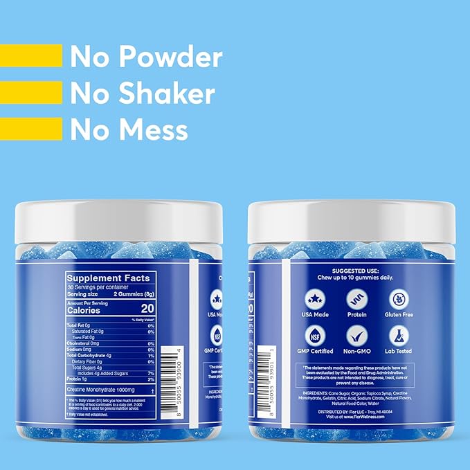 FIOR Creatine Gummy - Best Creatine Monohydrate Chewable 60 Count Workout &amp Protein Supplement Cognitive Enhancement Blueberry Lemonade Flavor 30 Servings